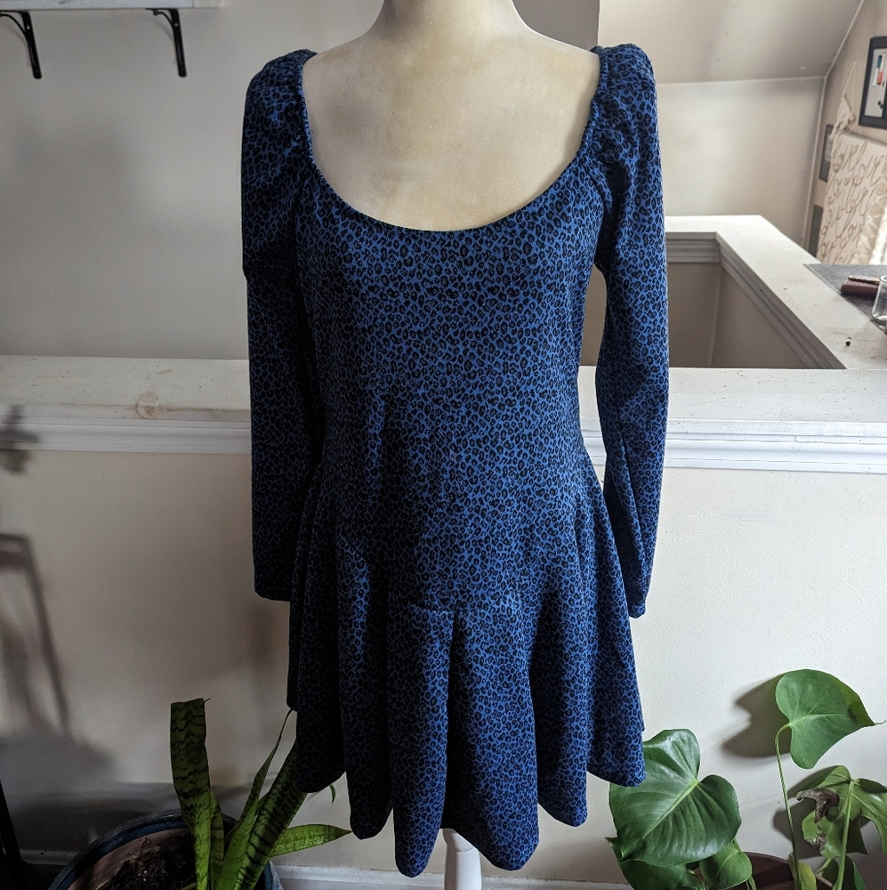 NWT Betsey Johnson Drop Waist Blue Leopard Print Dress Size L